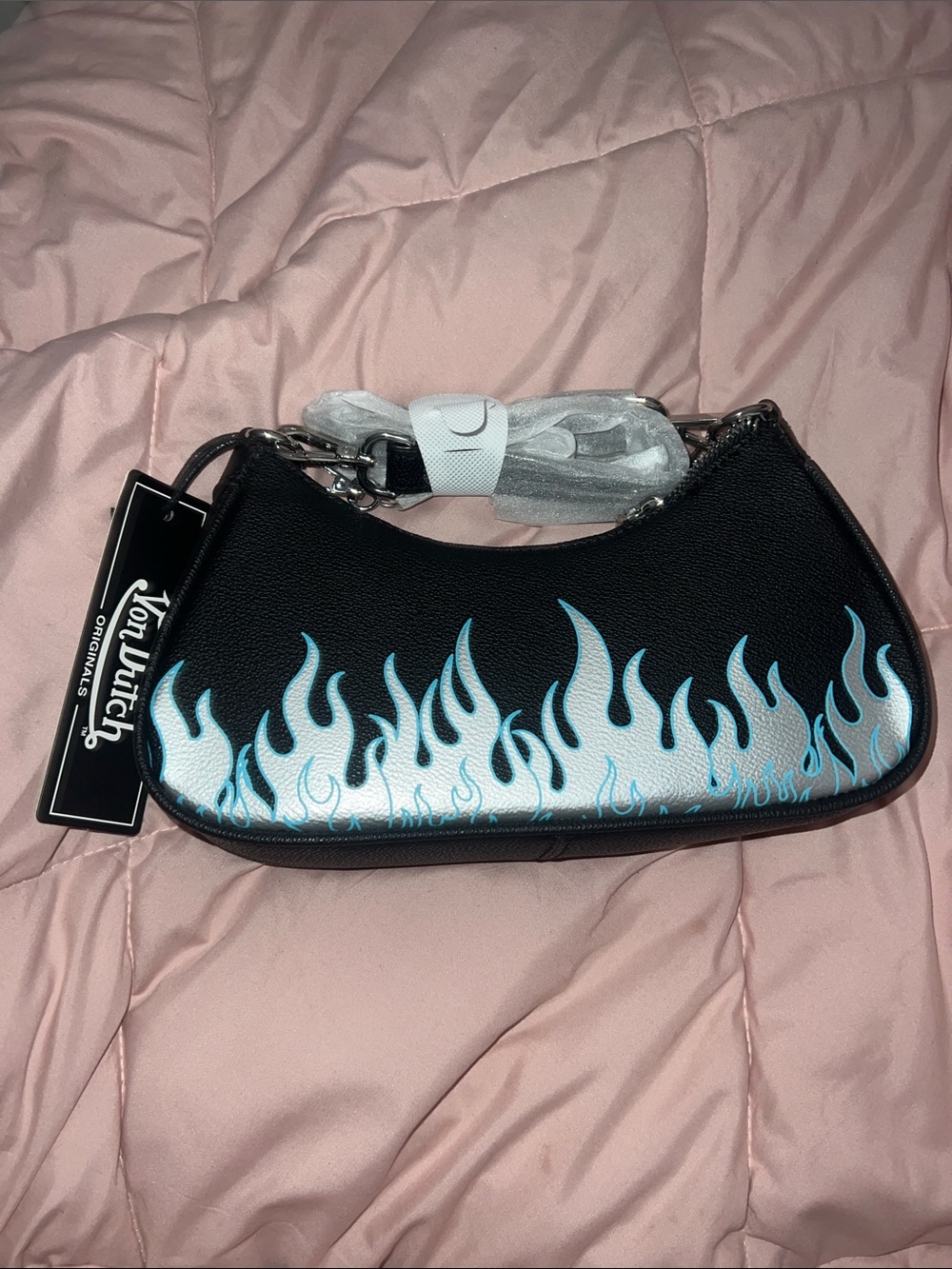 Von Dutch Black Shoulder Bag with White and Light Blue Flame Graphic - Picture 2 of 8
